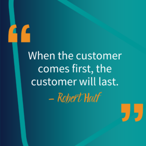 A quote reads "When the customer comes first, the customer will last" by Robert Half. This implies that customer relationships are a critical component of a small business marketing strategy.