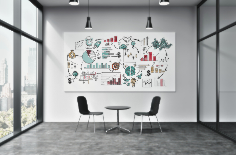 A whiteboard in a boardroom is covered in graphs and charts to indicate leaders who aim to Grow a Small Business.